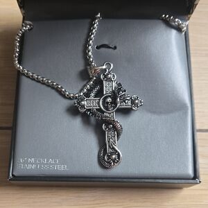 NWT Ed Hardy skull Cross snake stainless steel Necklace 26”